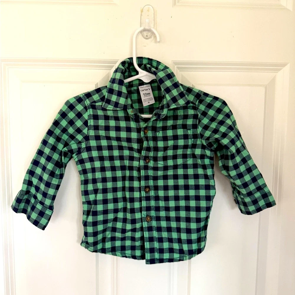 Carter's Baby Boy Green & Gray Plaid Long Sleeve Shirt: Size 12 months